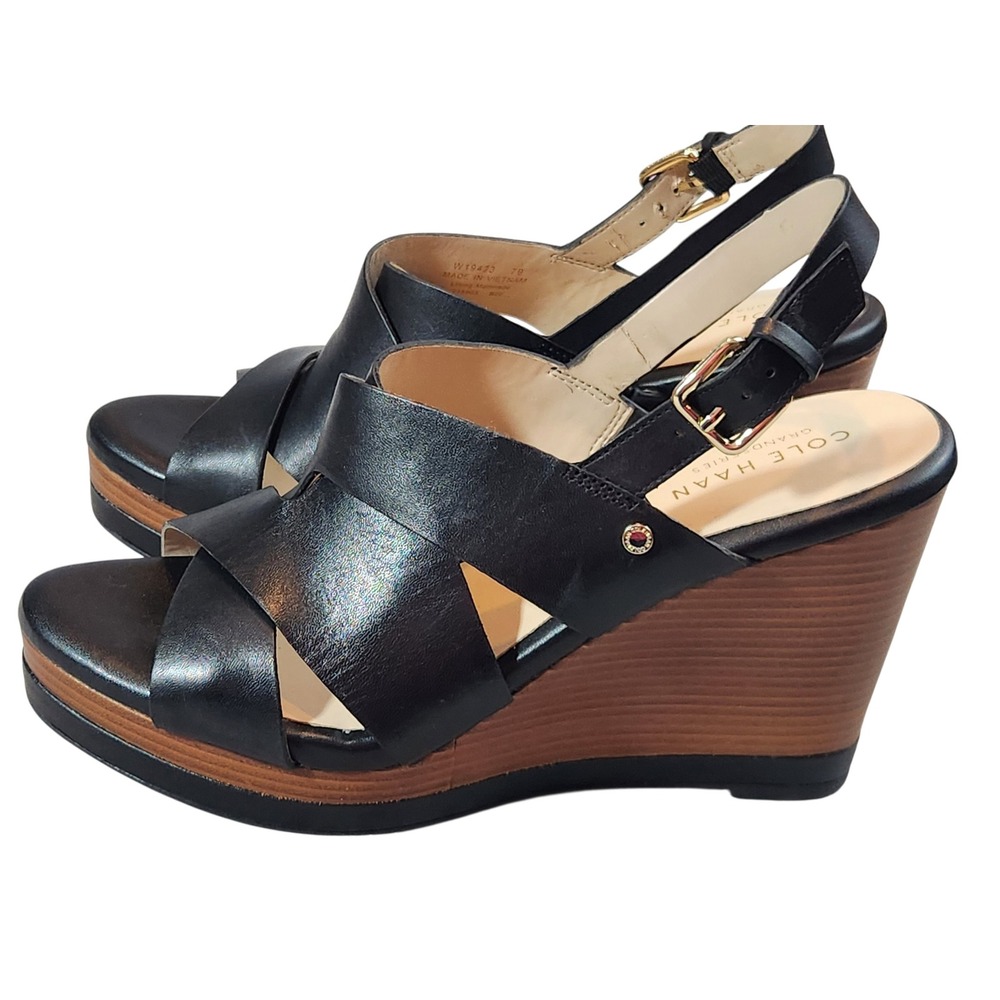 Cole Haan Platform Wedge Sandals Womens 7B Black Leather Slingback W19423